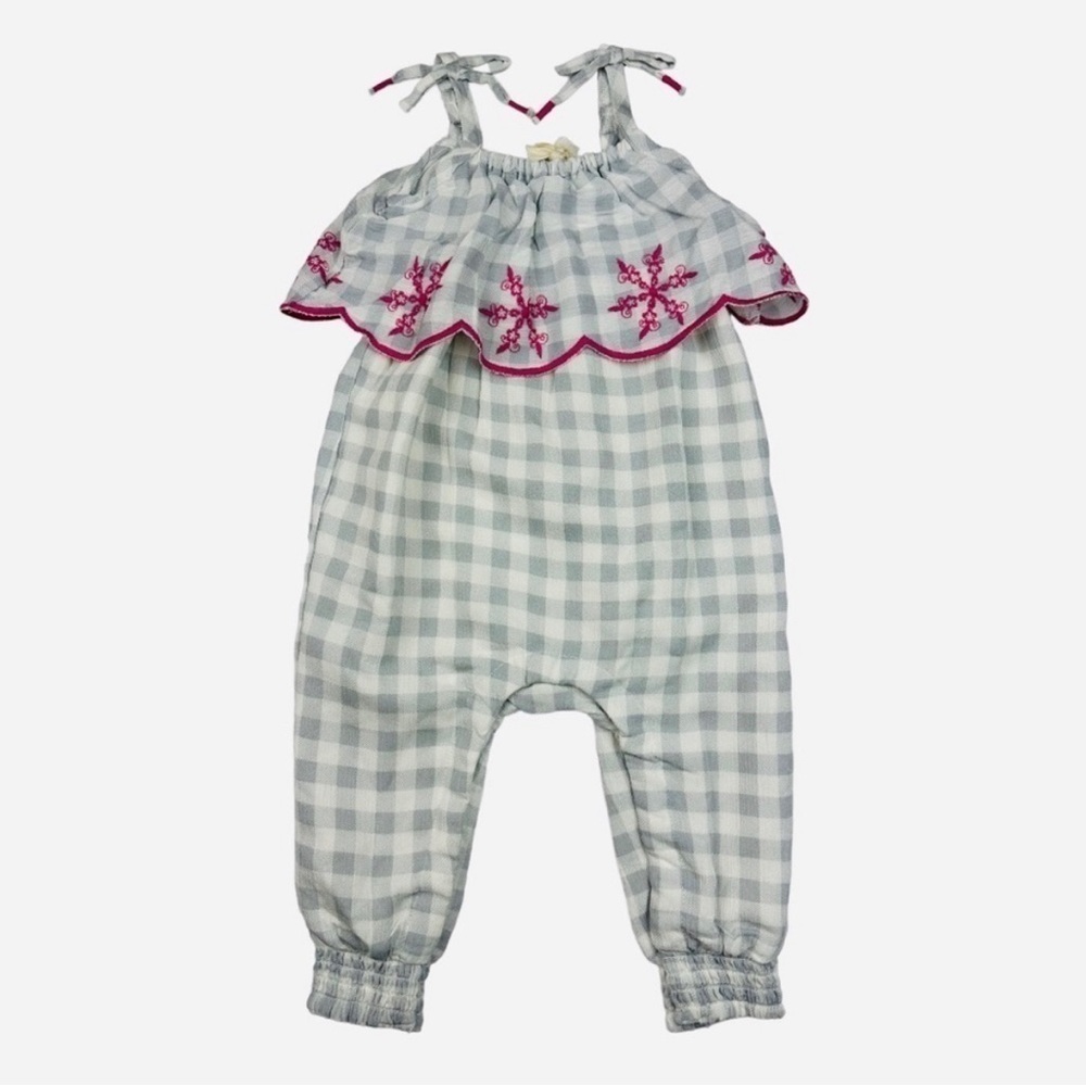 Jessica Simpson Ruffled Romper Gray Check Patten With Pink Embroidery Size 24m